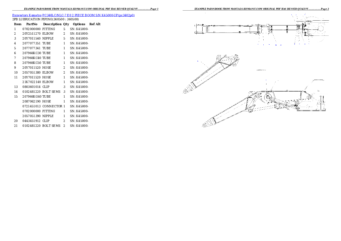 Protected: PC340LC/NLC-7 E0 2 PIECE BOOM  S/N K45000-UP Partsbook