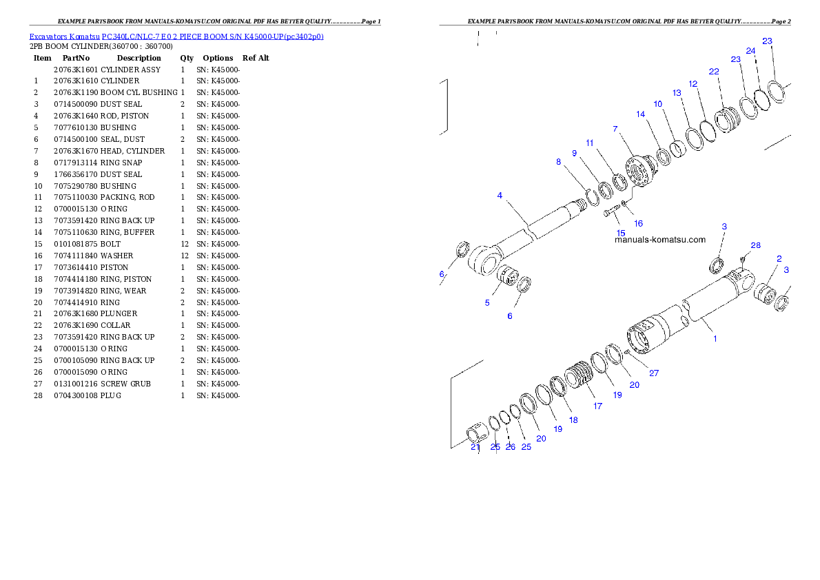 Protected: PC340LC/NLC-7 E0 2 PIECE BOOM  S/N K45000-UP Partsbook