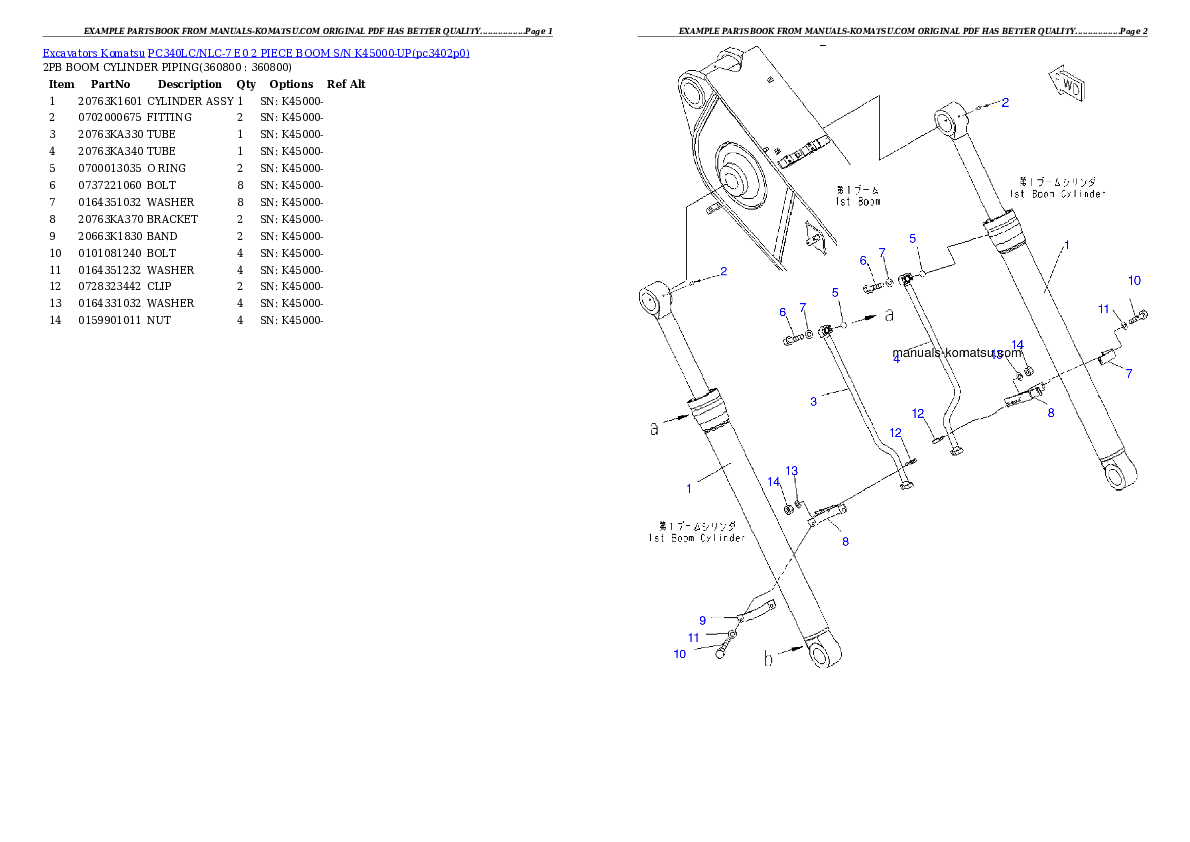 Protected: PC340LC/NLC-7 E0 2 PIECE BOOM  S/N K45000-UP Partsbook