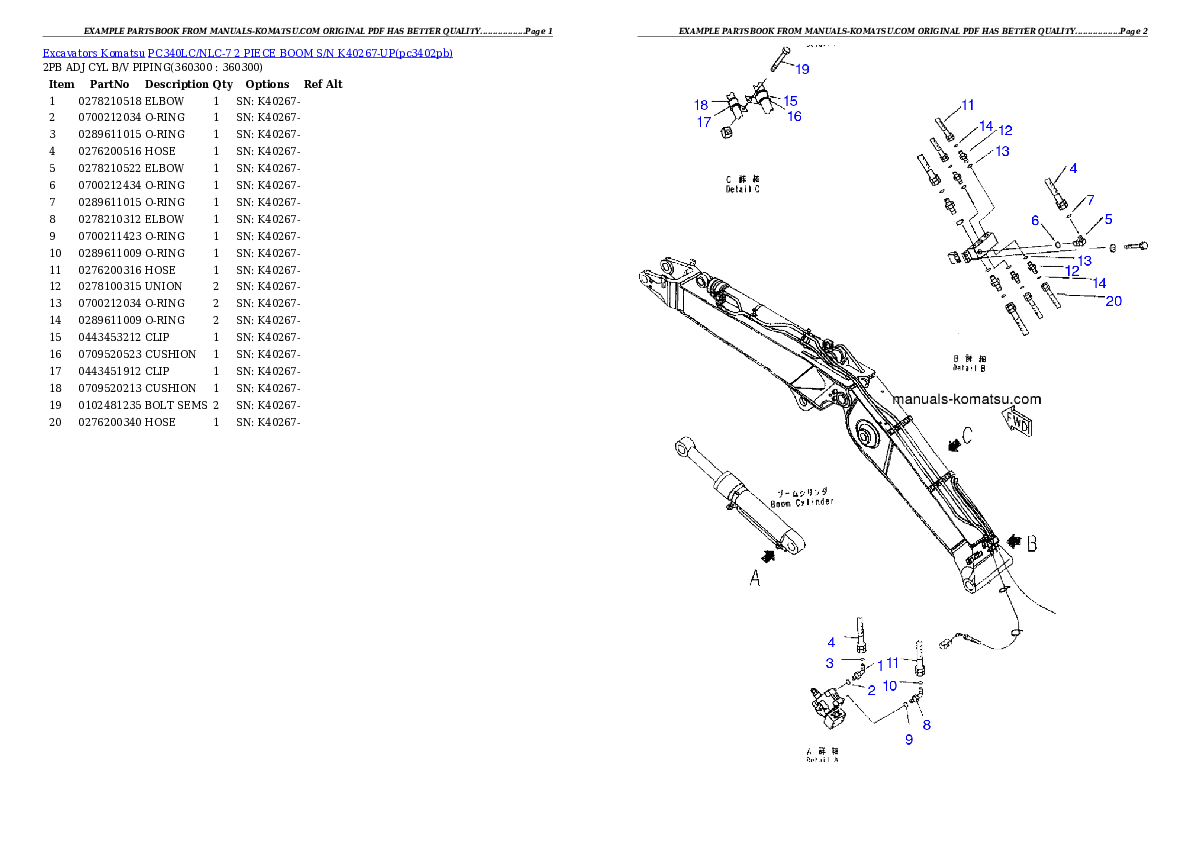 Protected: PC340LC/NLC-7 2 PIECE BOOM  S/N K40267-UP Partsbook