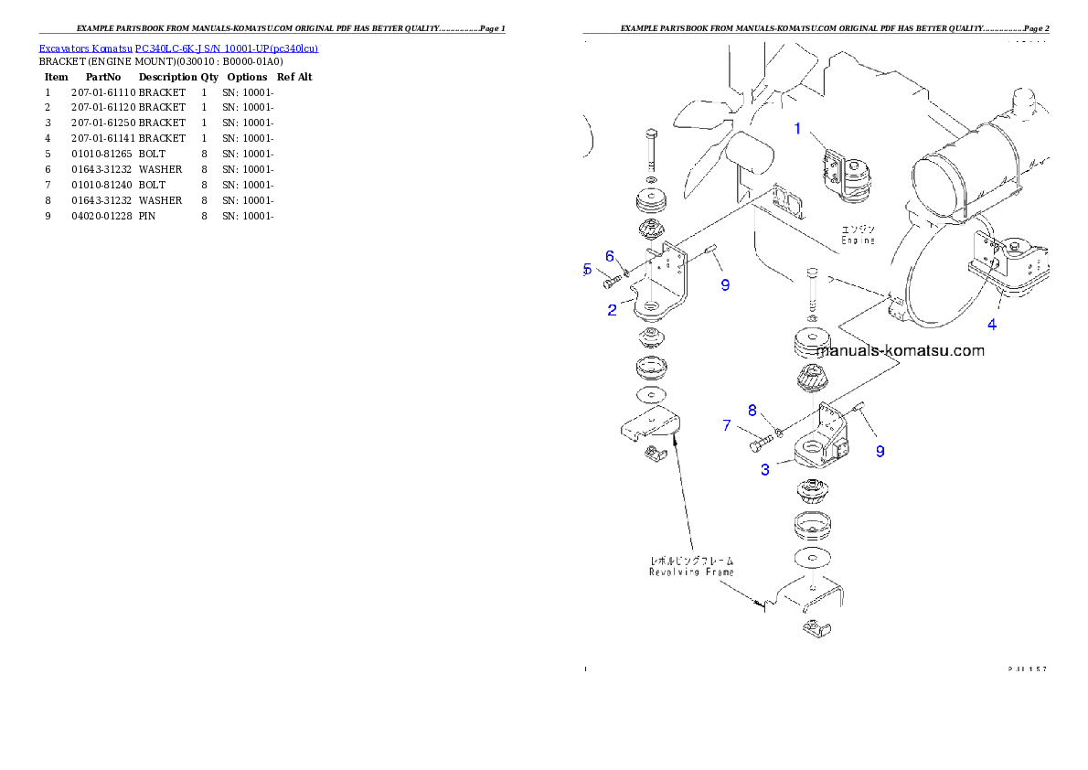 PC340LC-6K-J S/N 10001-UP Partsbook