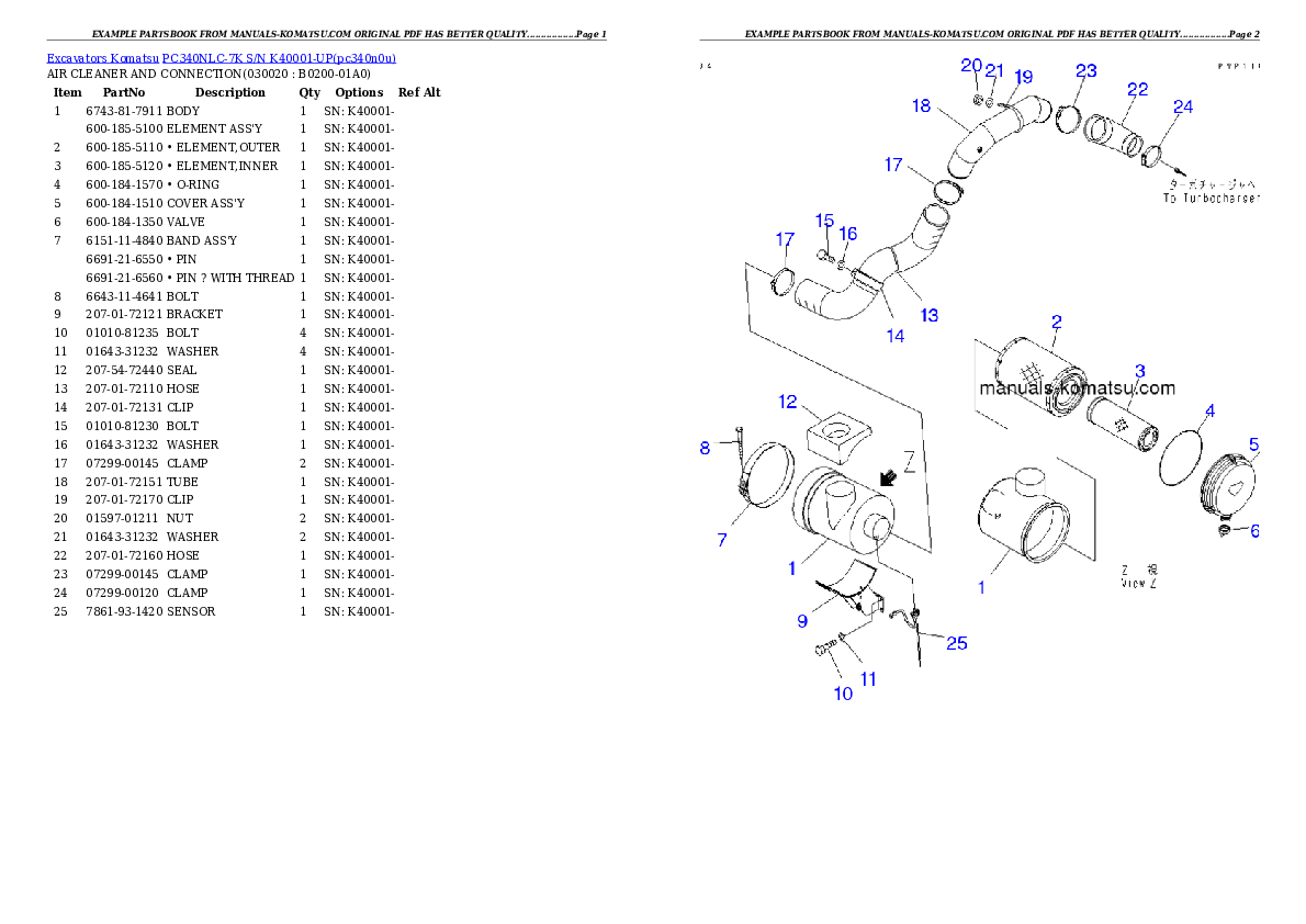 PC340NLC-7K S/N K40001-UP Partsbook