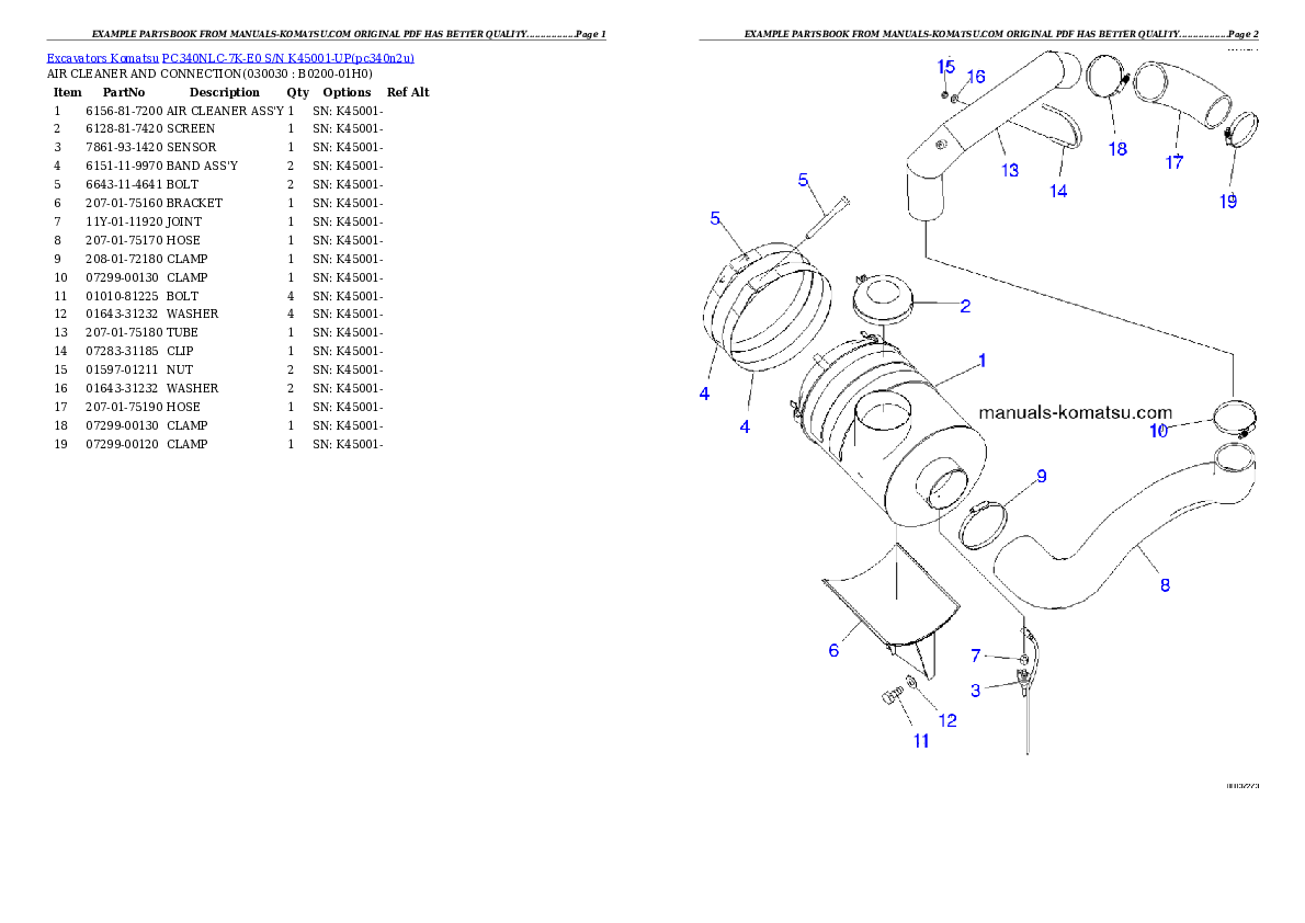 PC340NLC-7K-E0 S/N K45001-UP Partsbook