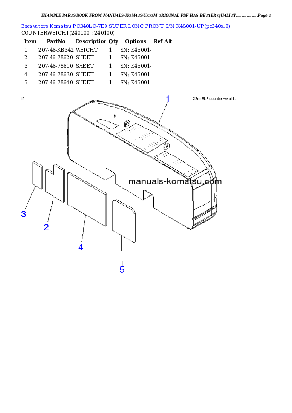 Protected: PC340LC-7E0 SUPER LONG FRONT S/N K45001-UP Partsbook