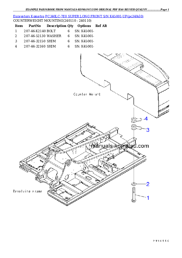 Protected: PC340LC-7E0 SUPER LONG FRONT S/N K45001-UP Partsbook