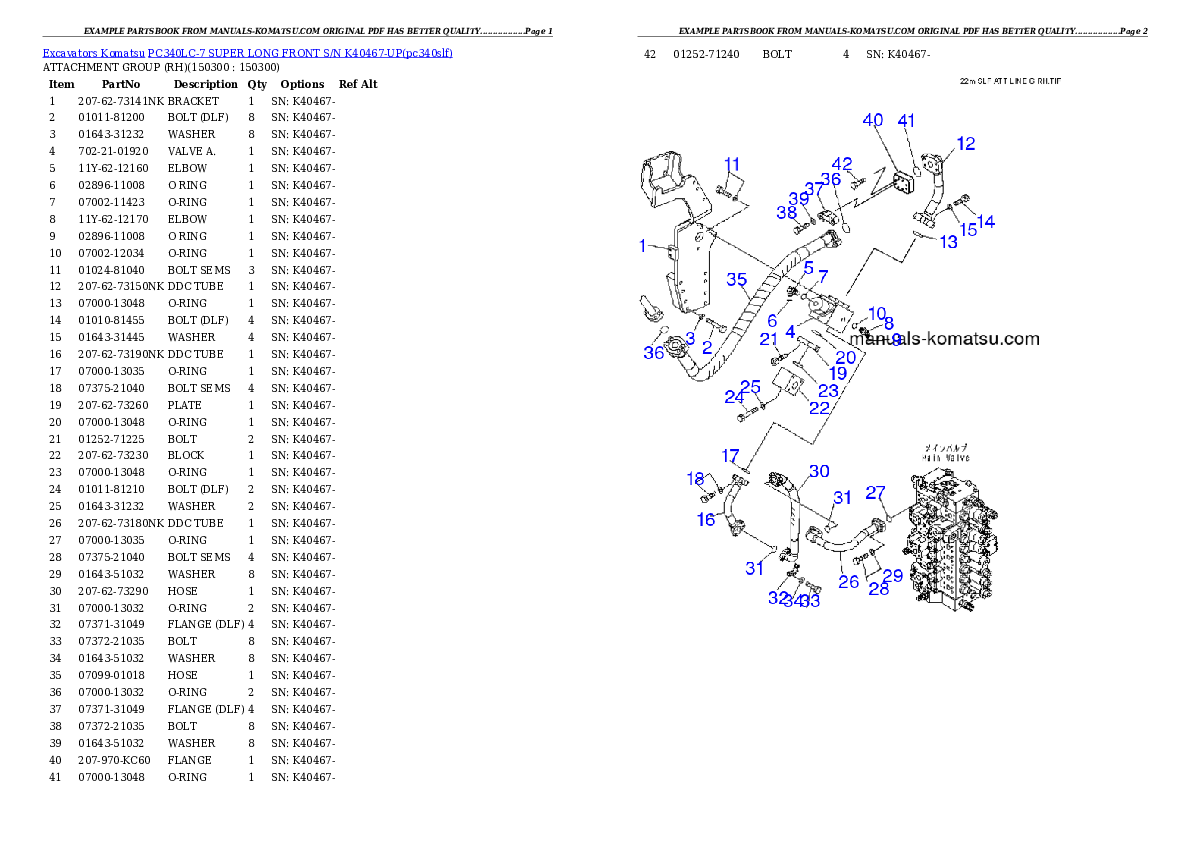 PC340LC-7 SUPER LONG FRONT S/N K40467-UP Partsbook