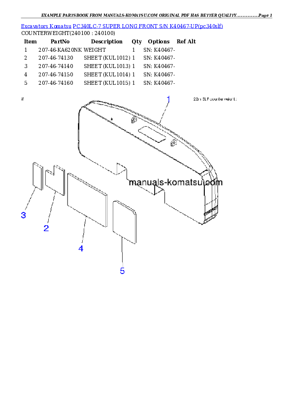 Protected: PC340LC-7 SUPER LONG FRONT S/N K40467-UP Partsbook