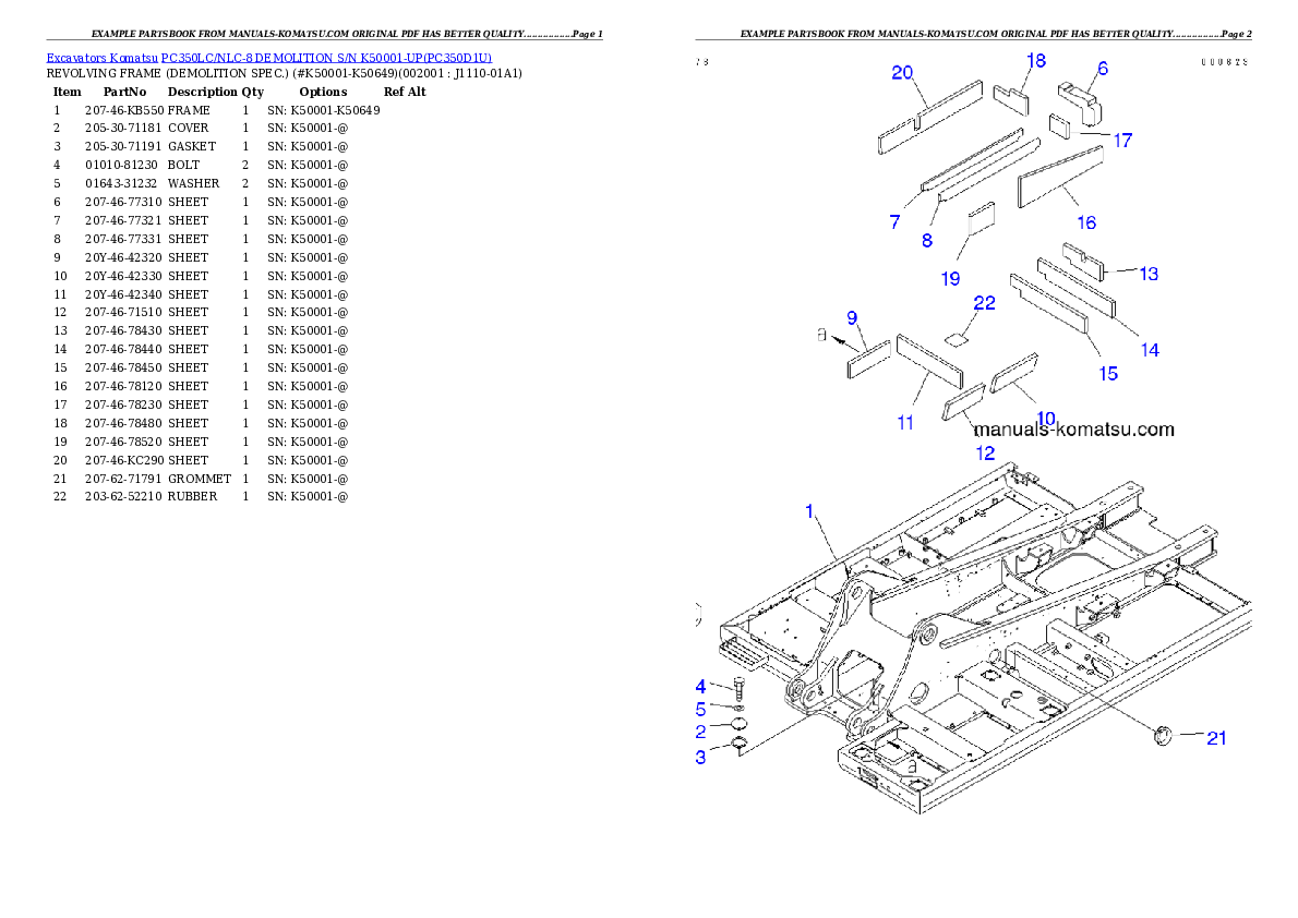 PC350LC/NLC-8 DEMOLITION S/N K50001-UP Partsbook