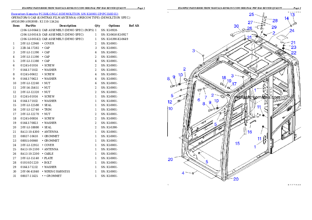 Protected: PC350LC/NLC-8 DEMOLITION S/N K50001-UP Partsbook
