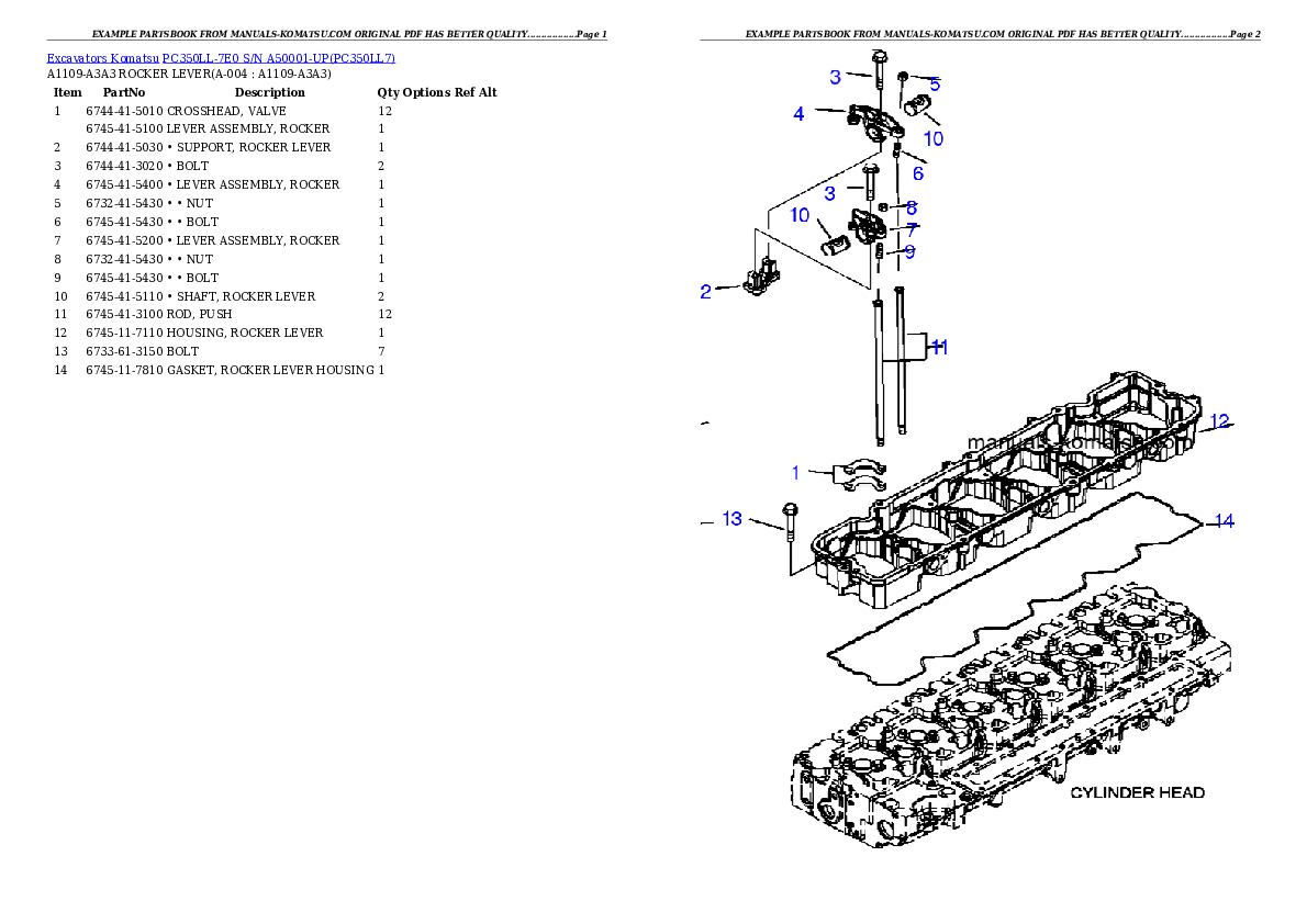 PC350LL-7E0 S/N A50001-UP Partsbook