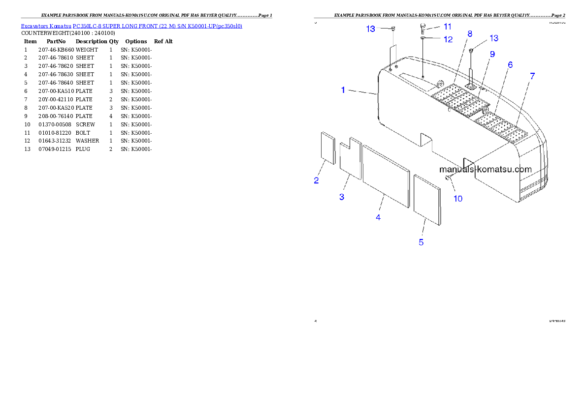Protected: PC350LC-8 SUPER LONG FRONT (22 M) S/N K50001-UP Partsbook