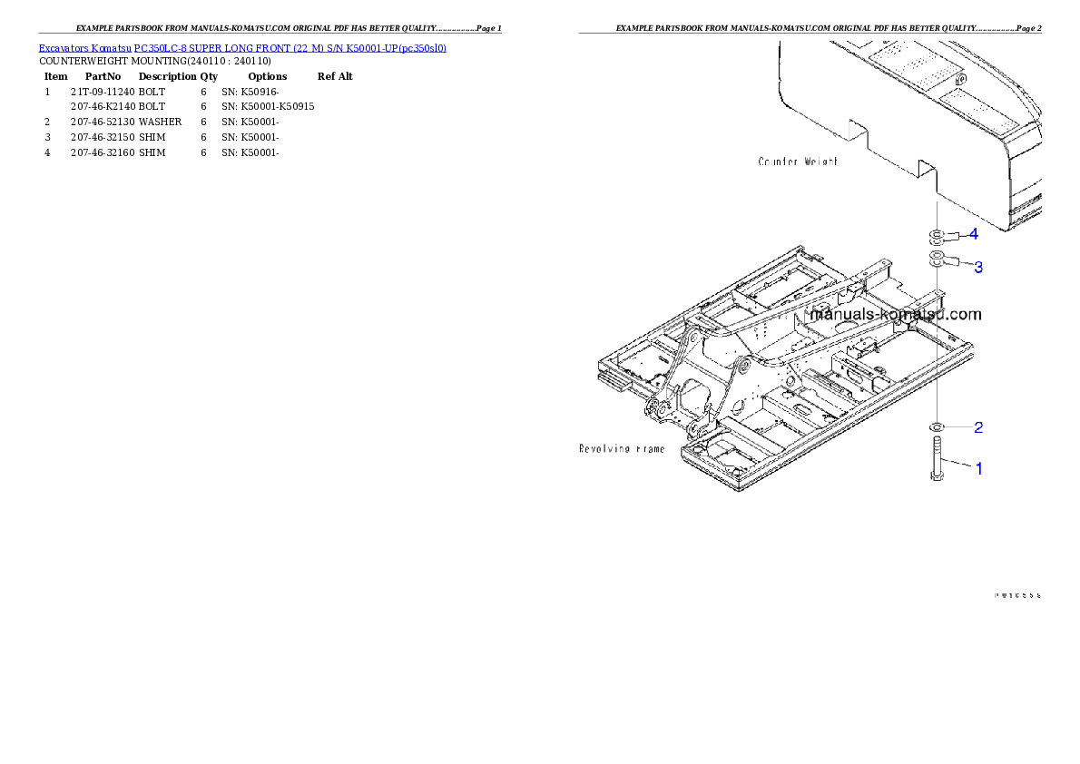 Protected: PC350LC-8 SUPER LONG FRONT (22 M) S/N K50001-UP Partsbook