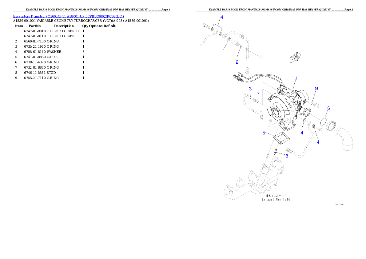 PC360LCi-11 A38001-UP BEPB109002 Partsbook