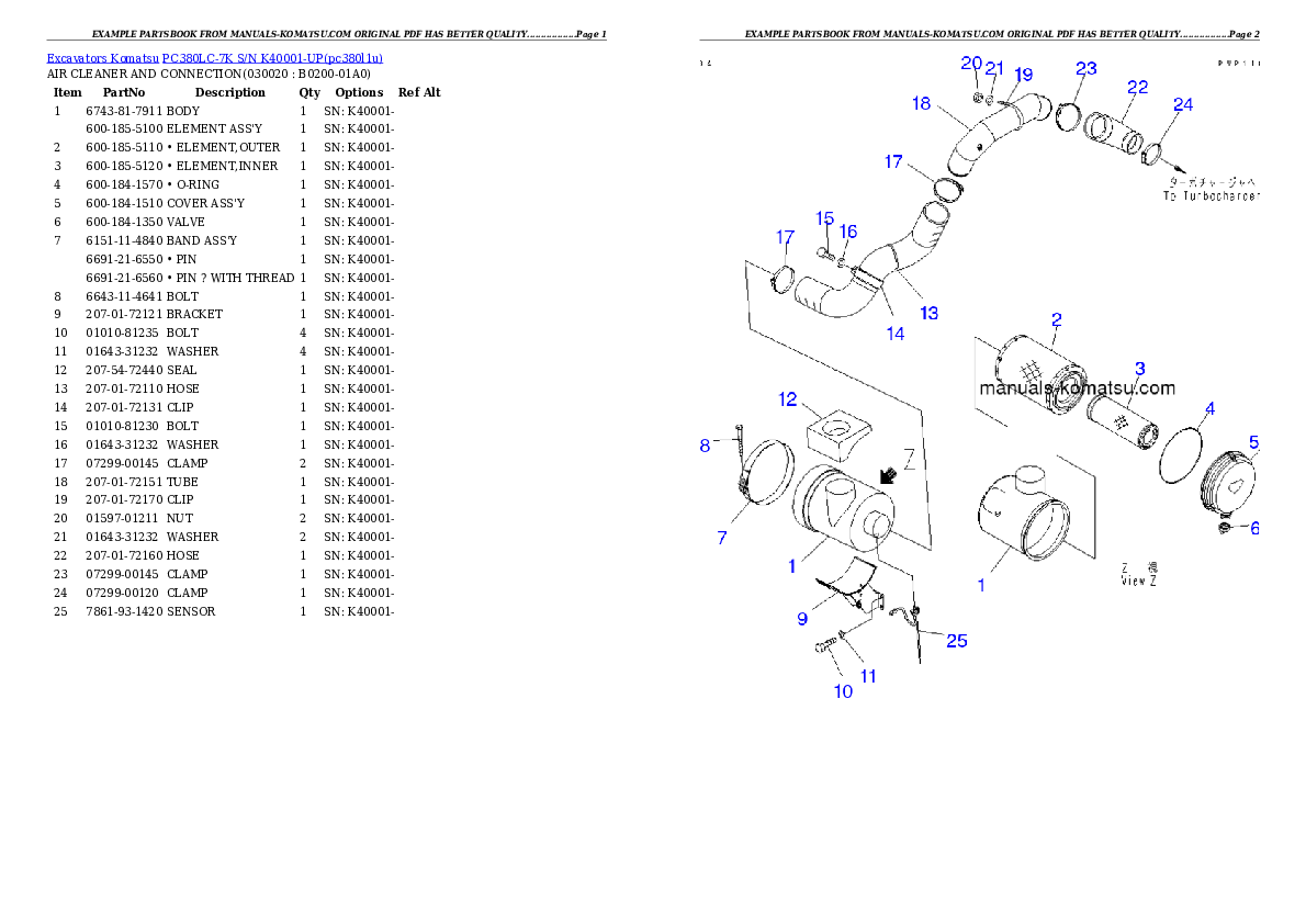 PC380LC-7K S/N K40001-UP Partsbook