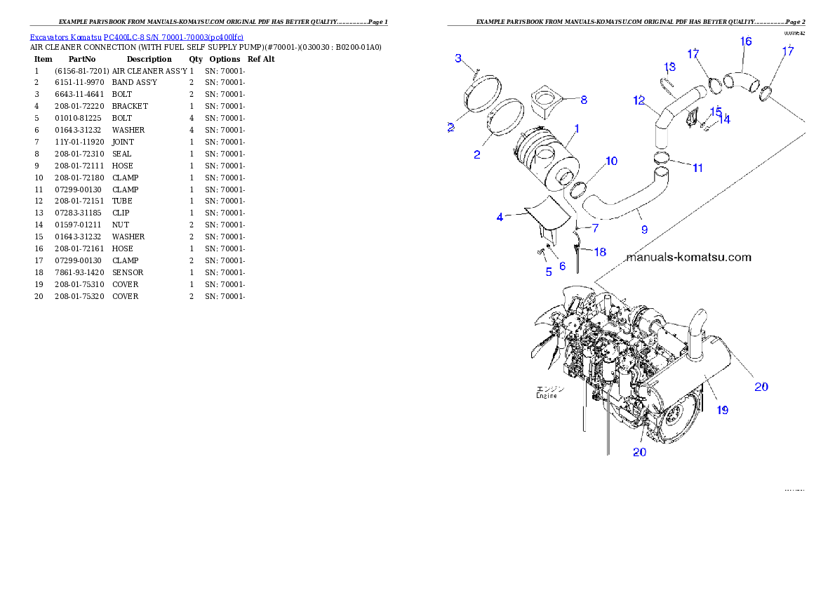 PC400LC-8 S/N 70001-70003 Partsbook