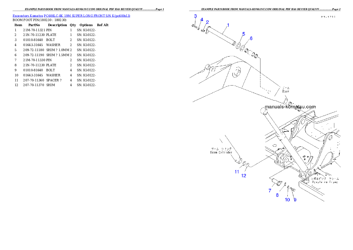 PC600LC-8K 19M SUPER LONG FRONT S/N K Partsbook