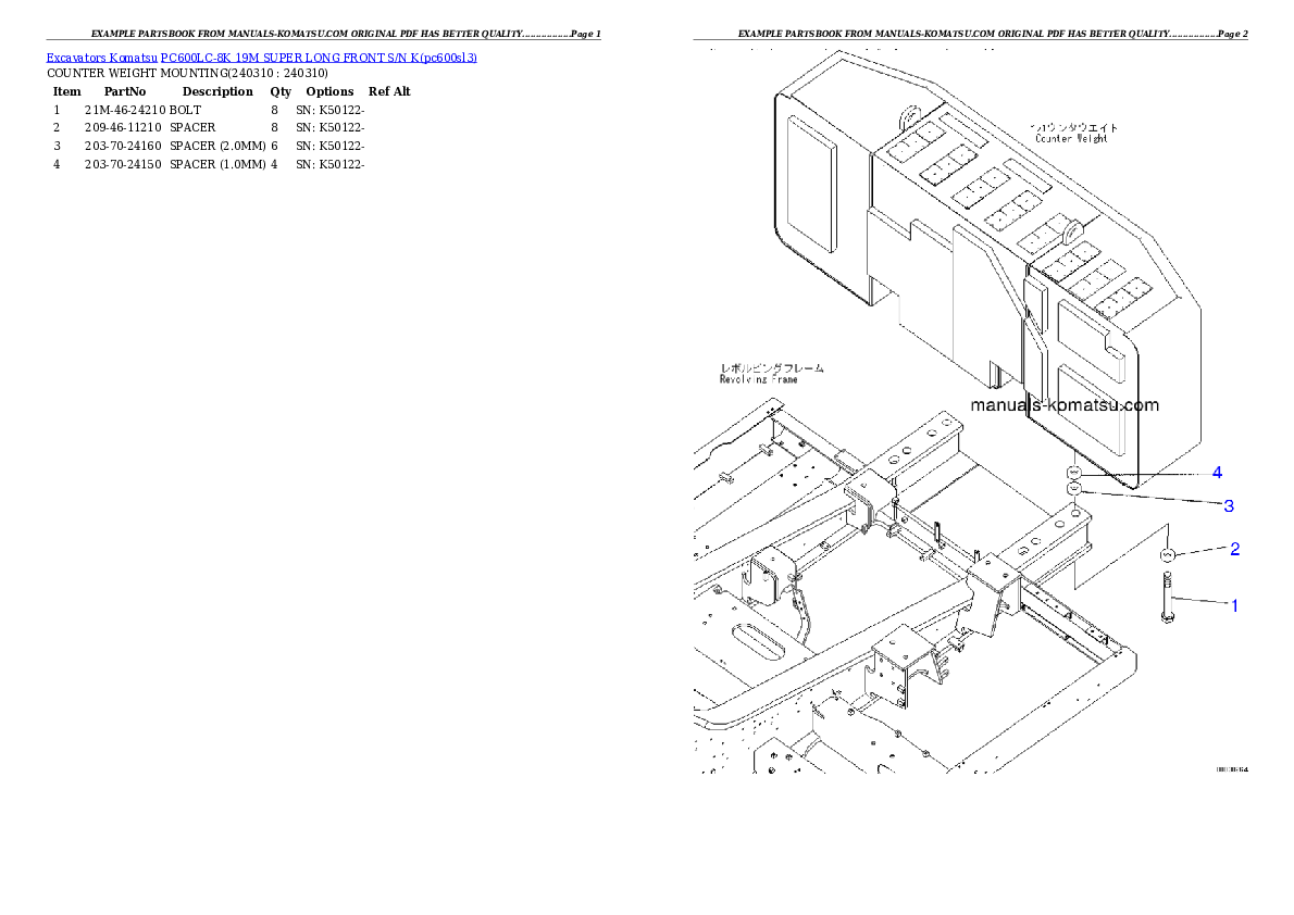 Protected: PC600LC-8K 19M SUPER LONG FRONT S/N K Partsbook