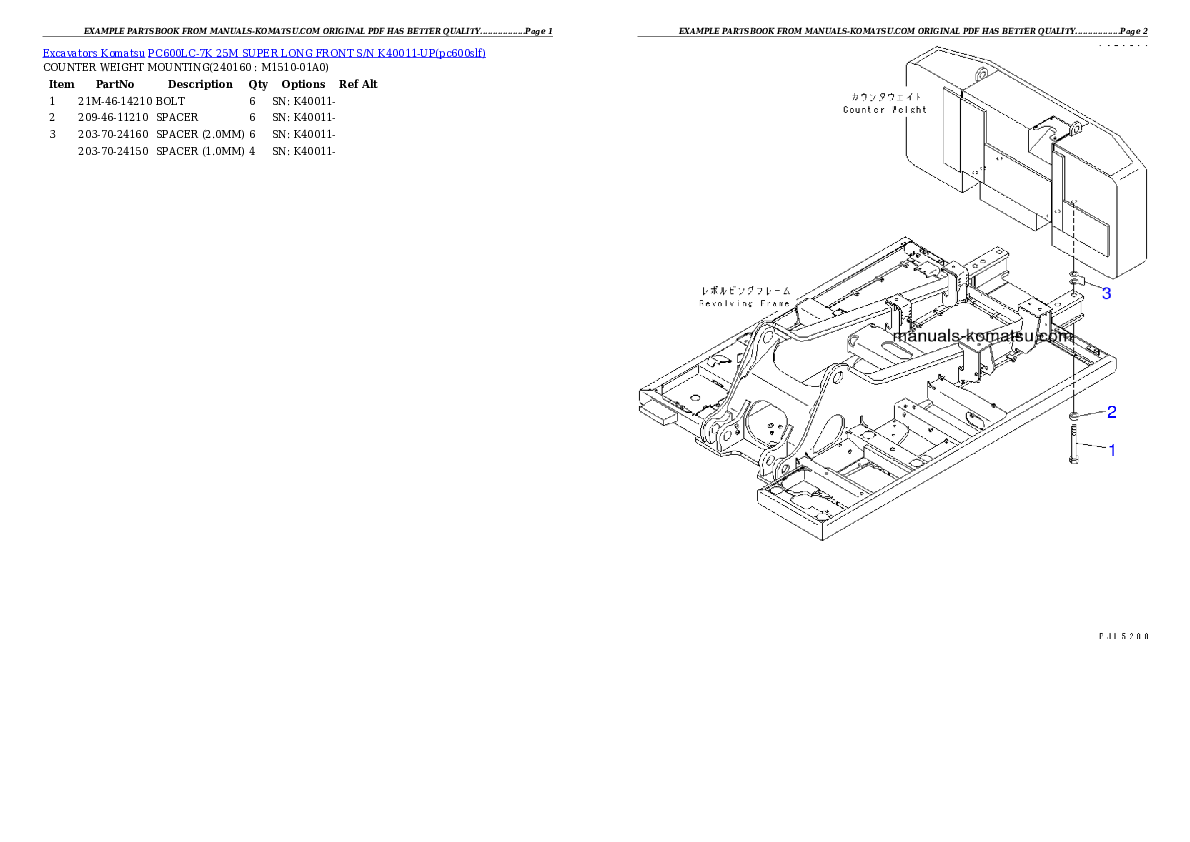 Protected: PC600LC-7K 25M SUPER LONG FRONT S/N K40011-UP Partsbook