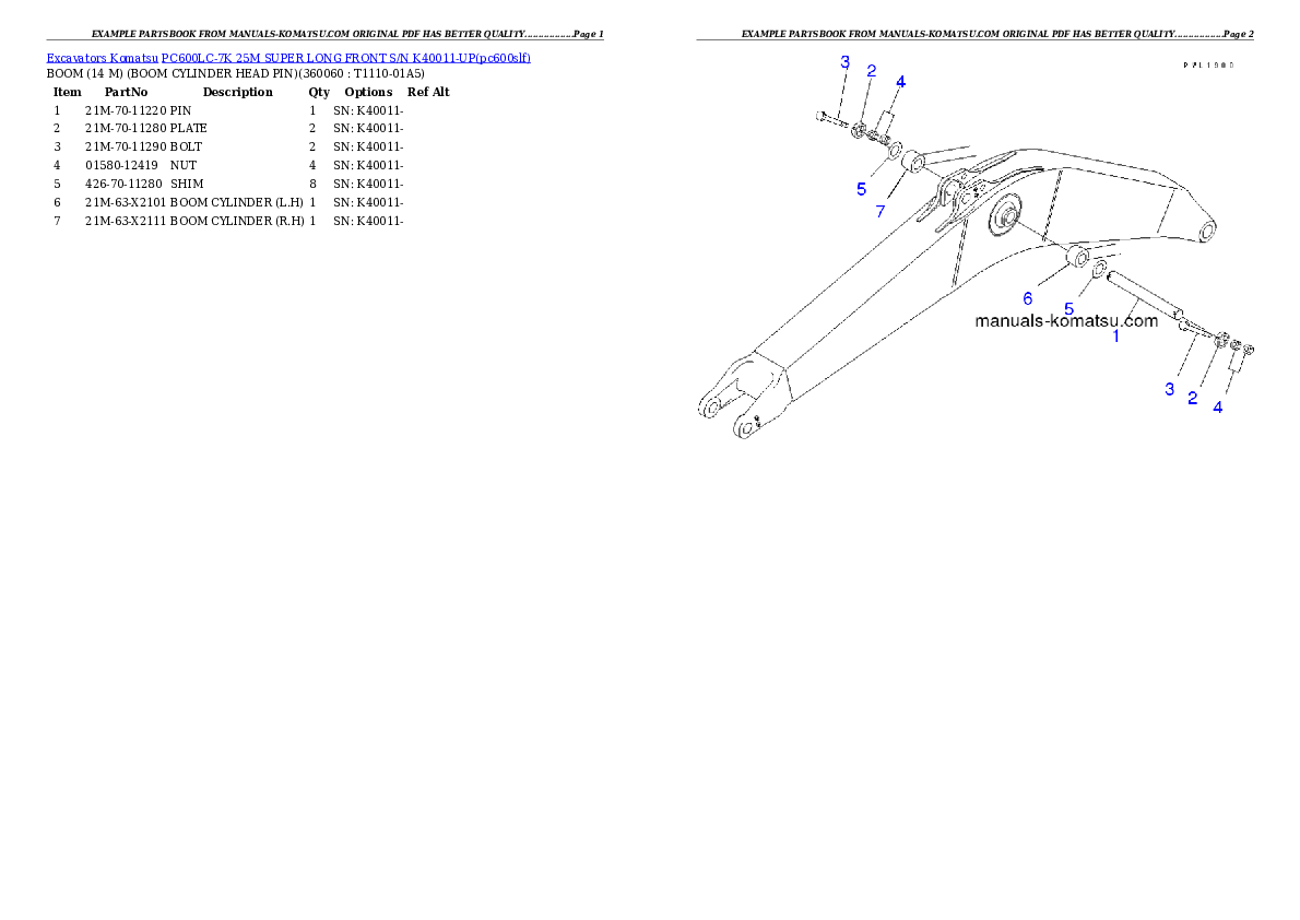 Protected: PC600LC-7K 25M SUPER LONG FRONT S/N K40011-UP Partsbook