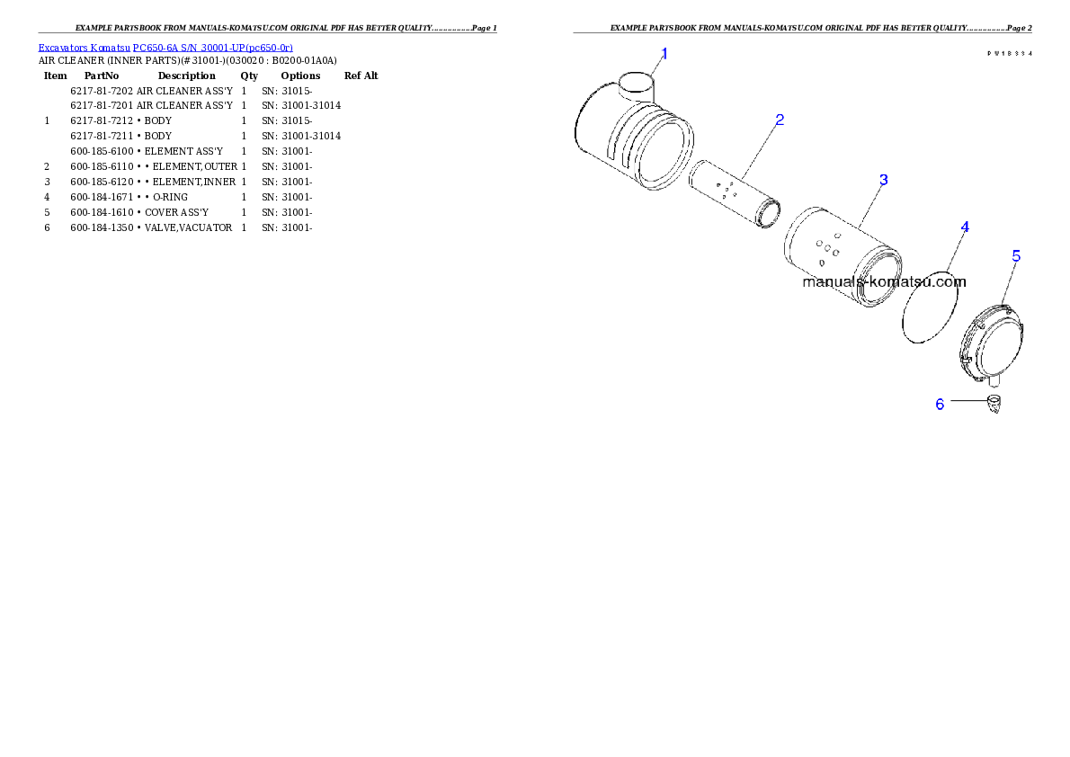 PC650-6A S/N 30001-UP Partsbook