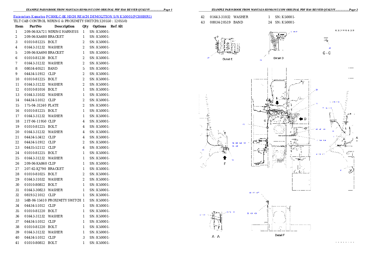 PC800LC-8K HIGH REACH DEMOLITION S/N K50001 Partsbook