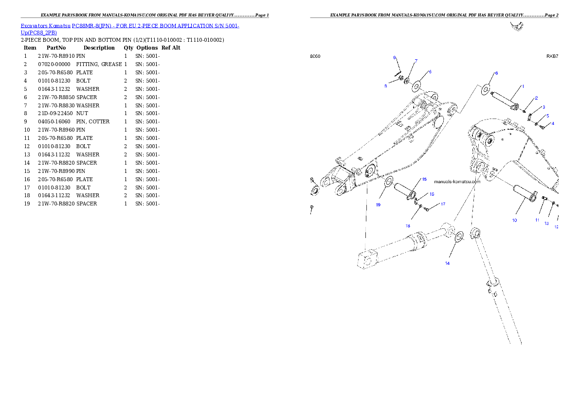 PC88MR-8(JPN) - FOR EU 2-PIECE BOOM APPLICATION S/N 5001-Up Partsbook