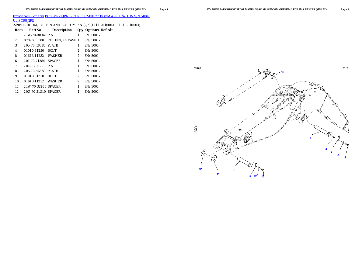 PC88MR-8(JPN) - FOR EU 2-PIECE BOOM APPLICATION S/N 5001-Up Partsbook