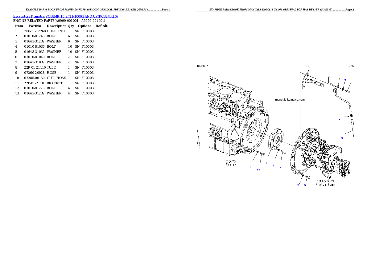 PC88MR-10 S/N F10003 AND UP Partsbook