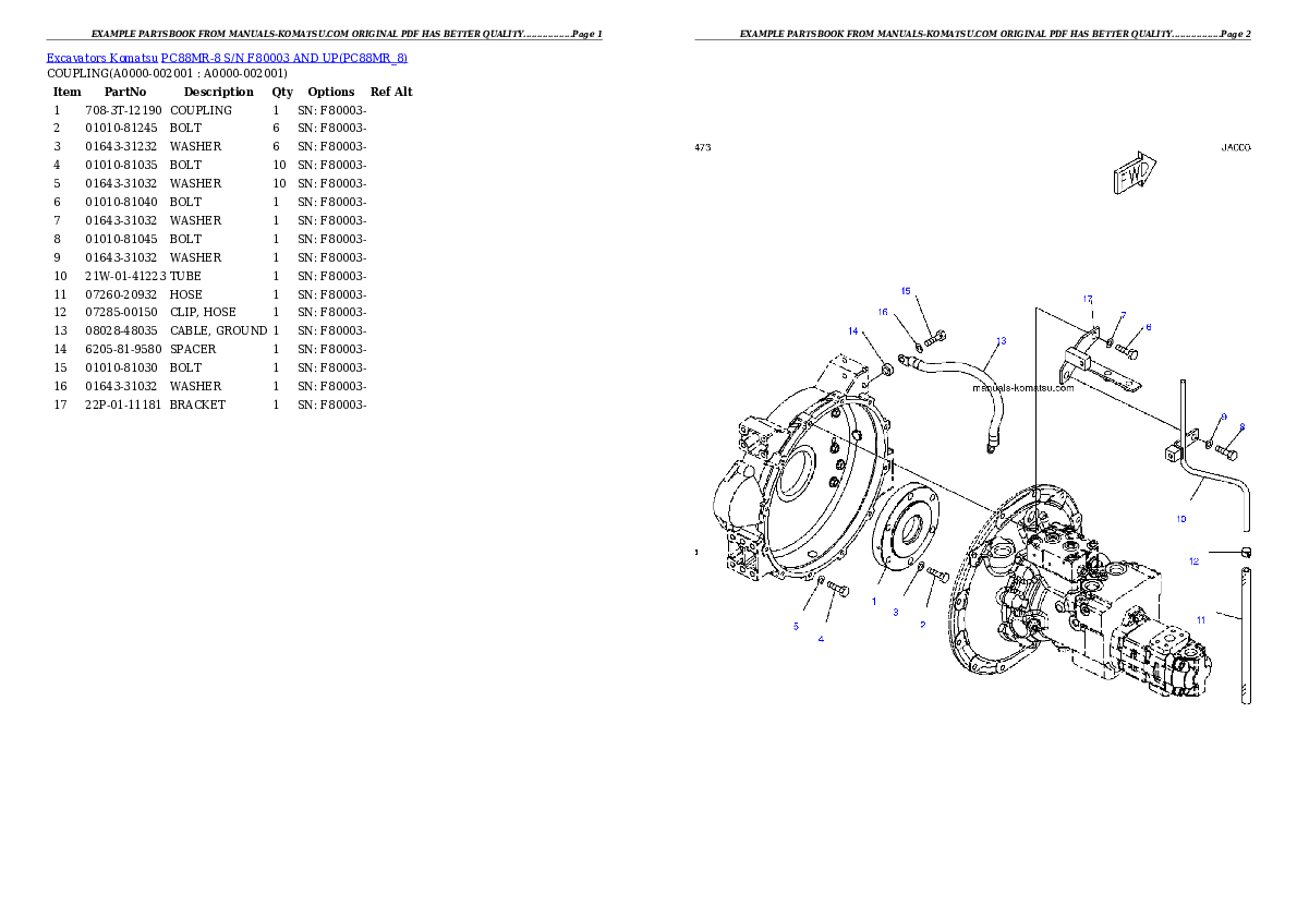 PC88MR-8 S/N F80003 AND UP Partsbook