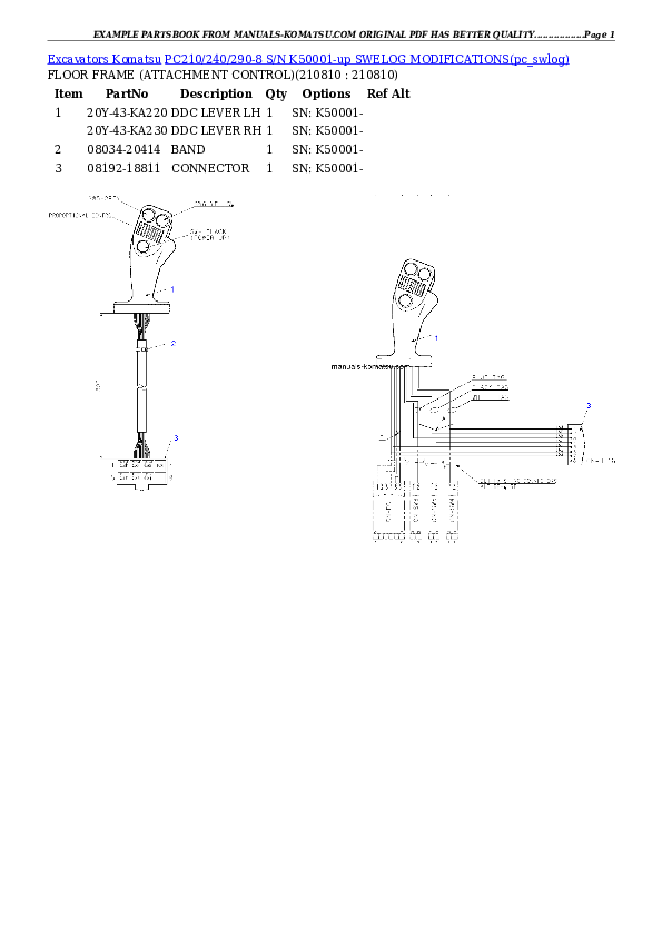 PC210/240/290-8 S/N K50001-up SWELOG MODIFICATIONS Partsbook