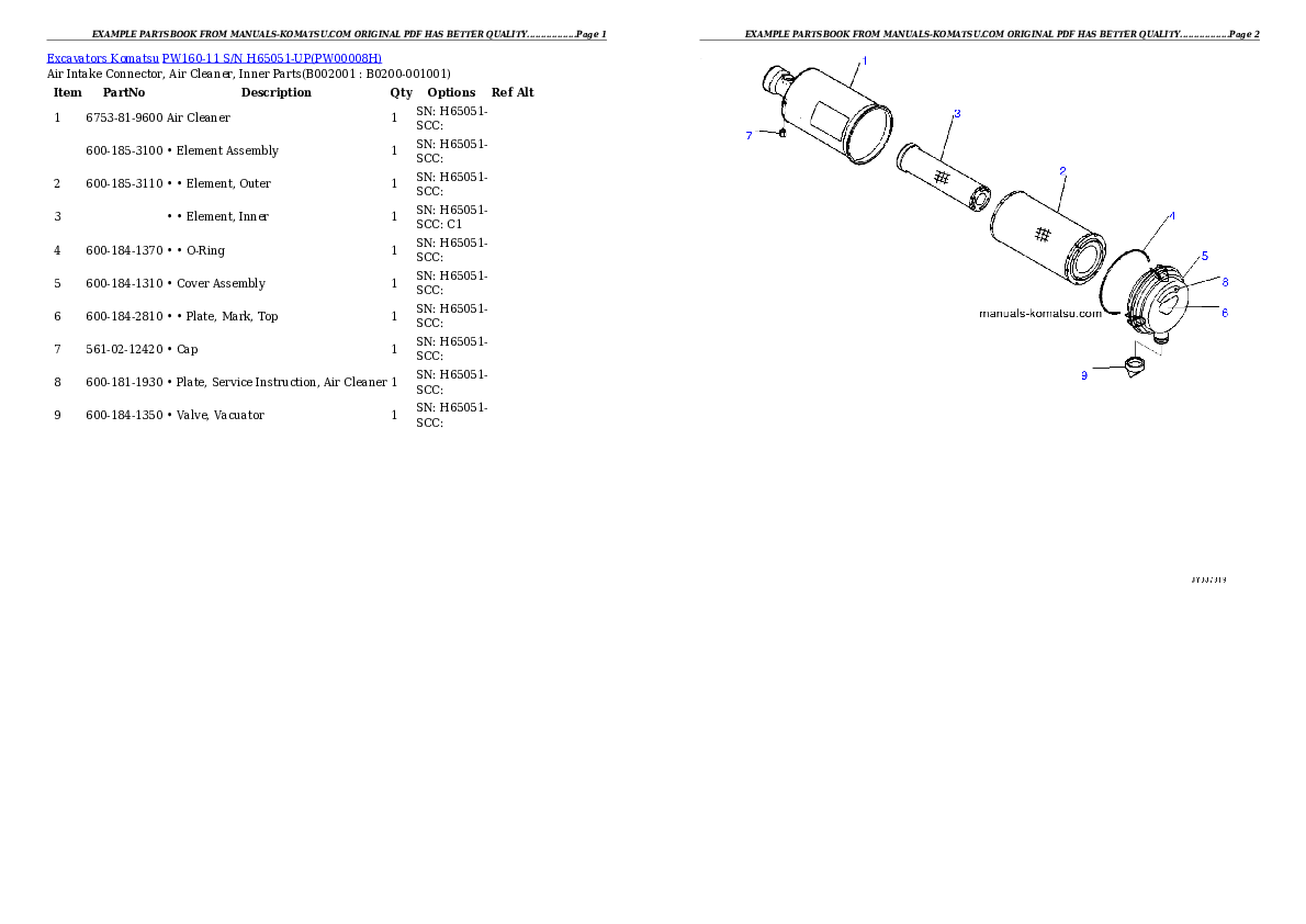 PW160-11 S/N H65051-UP Partsbook