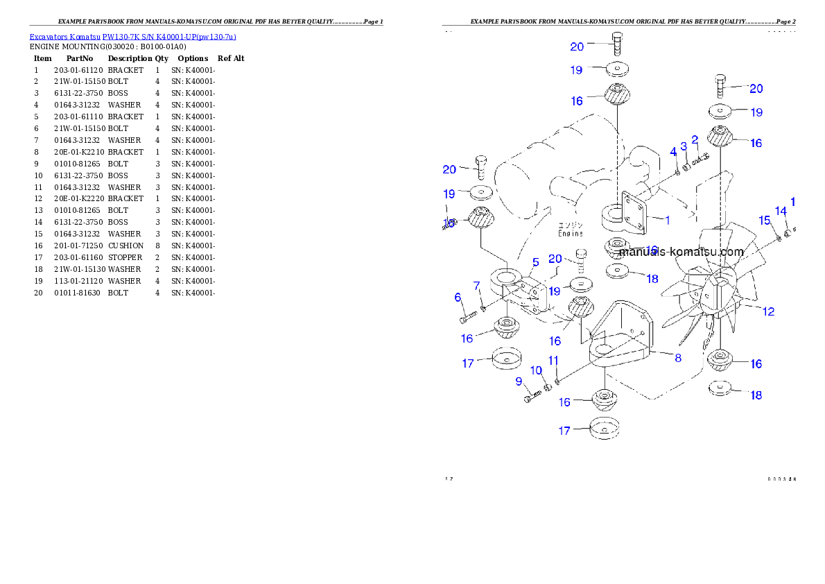 PW130-7K S/N K40001-UP Partsbook