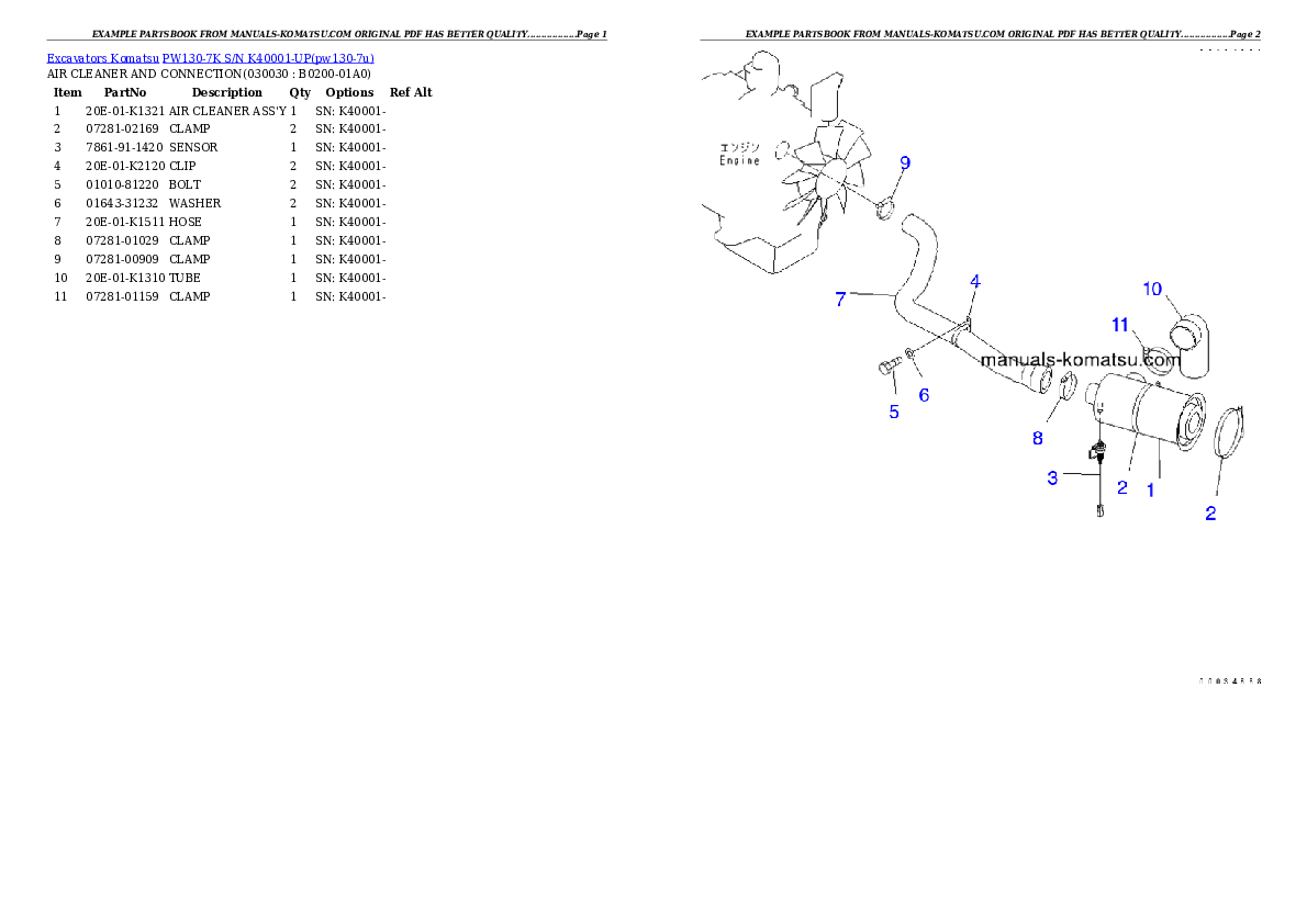 PW130-7K S/N K40001-UP Partsbook