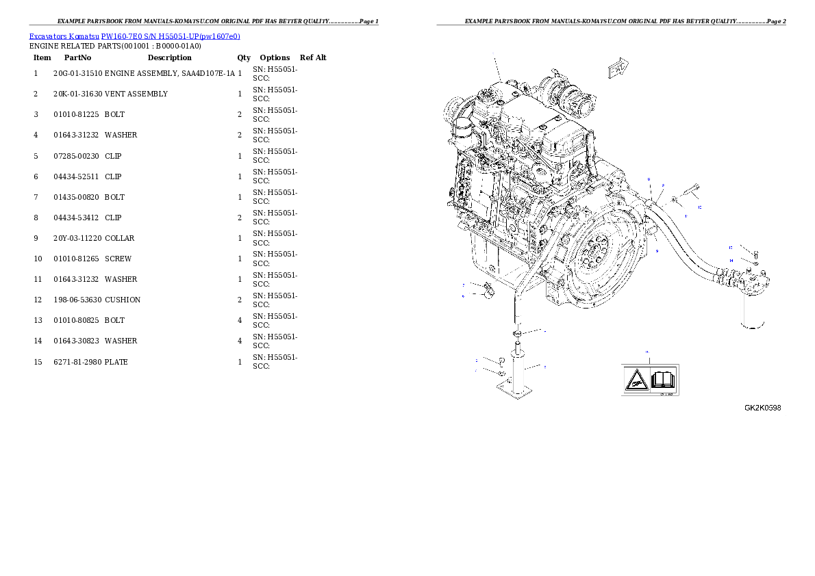 PW160-7E0 S/N H55051-UP Partsbook