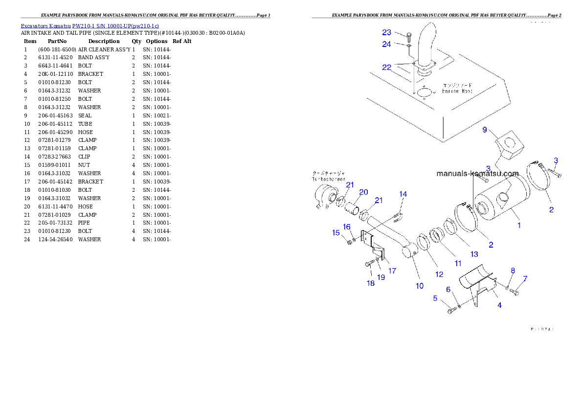 PW210-1 S/N 10001-UP Partsbook