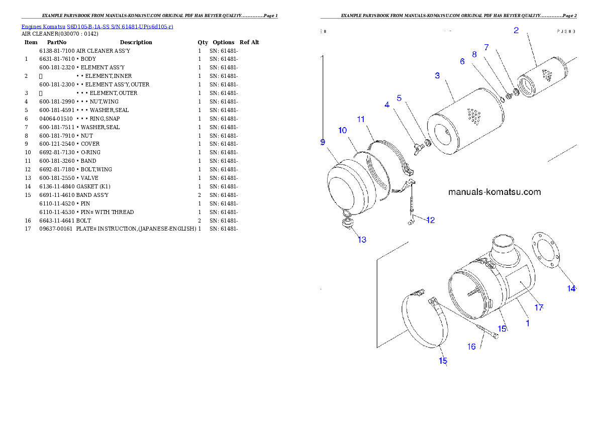 Protected: S6D105-B-1A-SS S/N 61481-UP Partsbook