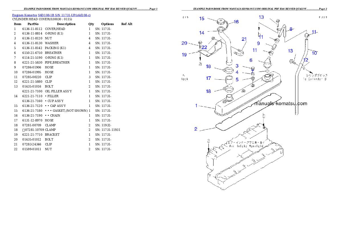 S6D108-1B S/N 11731-UP Partsbook