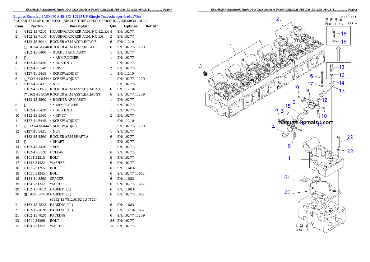 SA6D170-A-1E S/N 10569-UP (Single Turbocharger) Partsbook