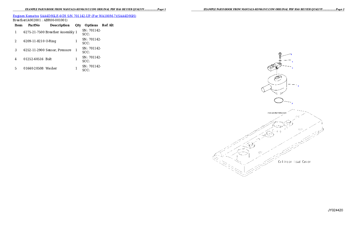 SAA4D95LE-6CH S/N 701142-UP (For WA100M-7) Partsbook