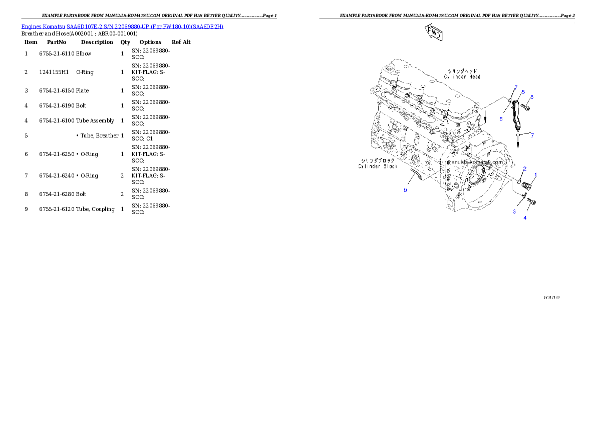 SAA6D107E-2 S/N 22069880-UP (For PW180-10) Partsbook