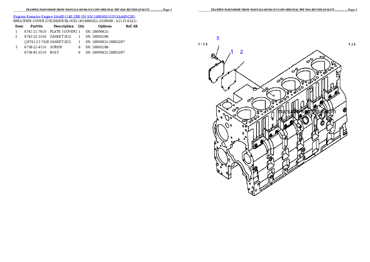Protected: Engine SAA6D114E-2BB-VH S/N 26800003-UP Partsbook
