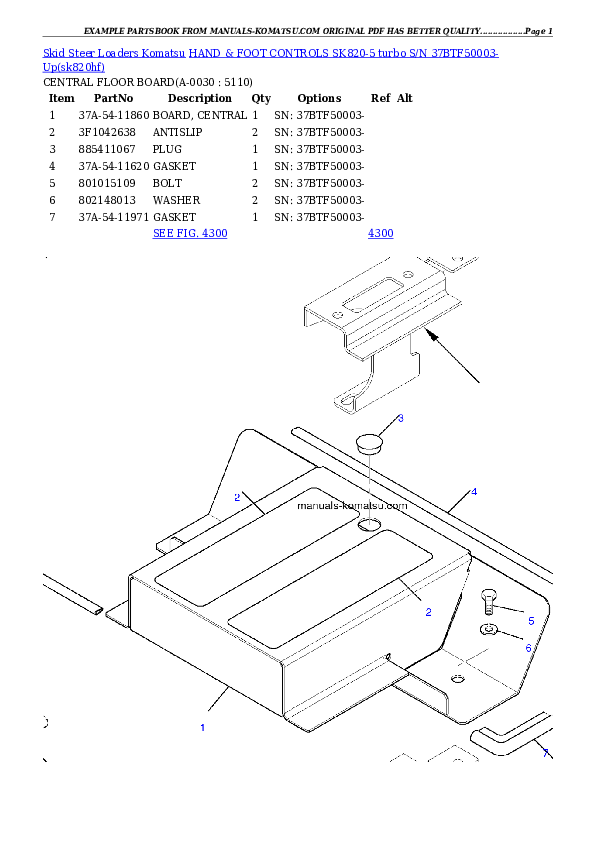 HAND & FOOT CONTROLS SK820-5 turbo S/N 37BTF50003-Up Partsbook