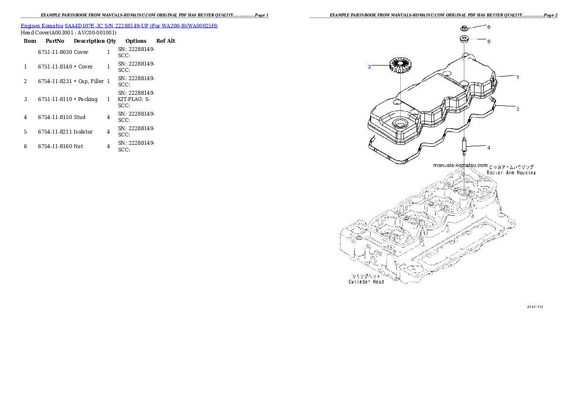SAA4D107E-3C S/N 22288149-UP (For WA200-8) Partsbook