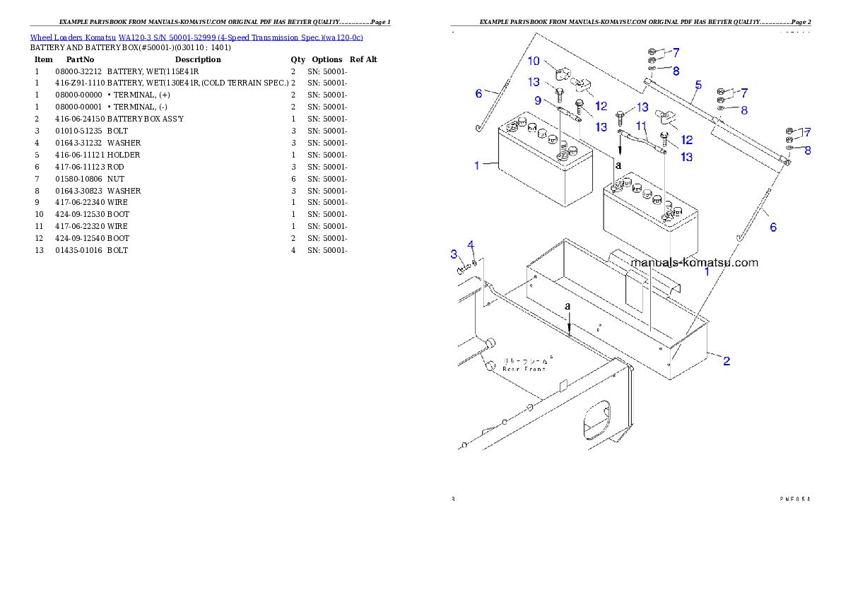 Protected: WA120-3 S/N 50001-52999 (4-Speed Transmission Spec.) Partsbook