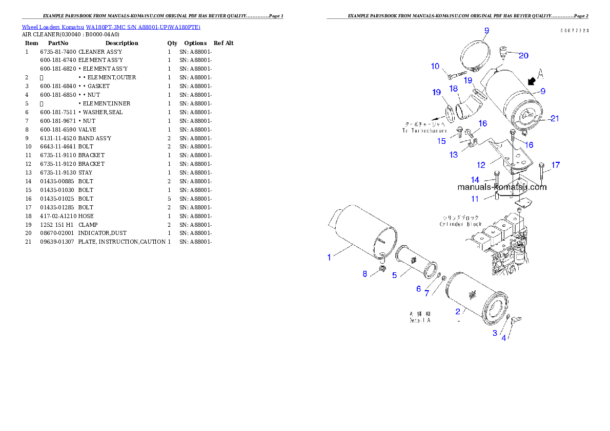 Protected: WA180PT-3MC S/N A88001-UP Partsbook