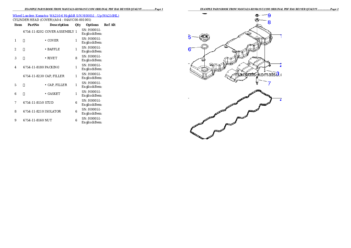 WA250-6 Highlift S/N H00051 - Up Partsbook