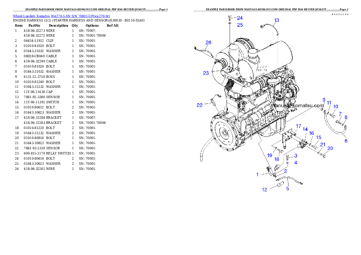 WA270-5-SN S/N 70001-UP Partsbook