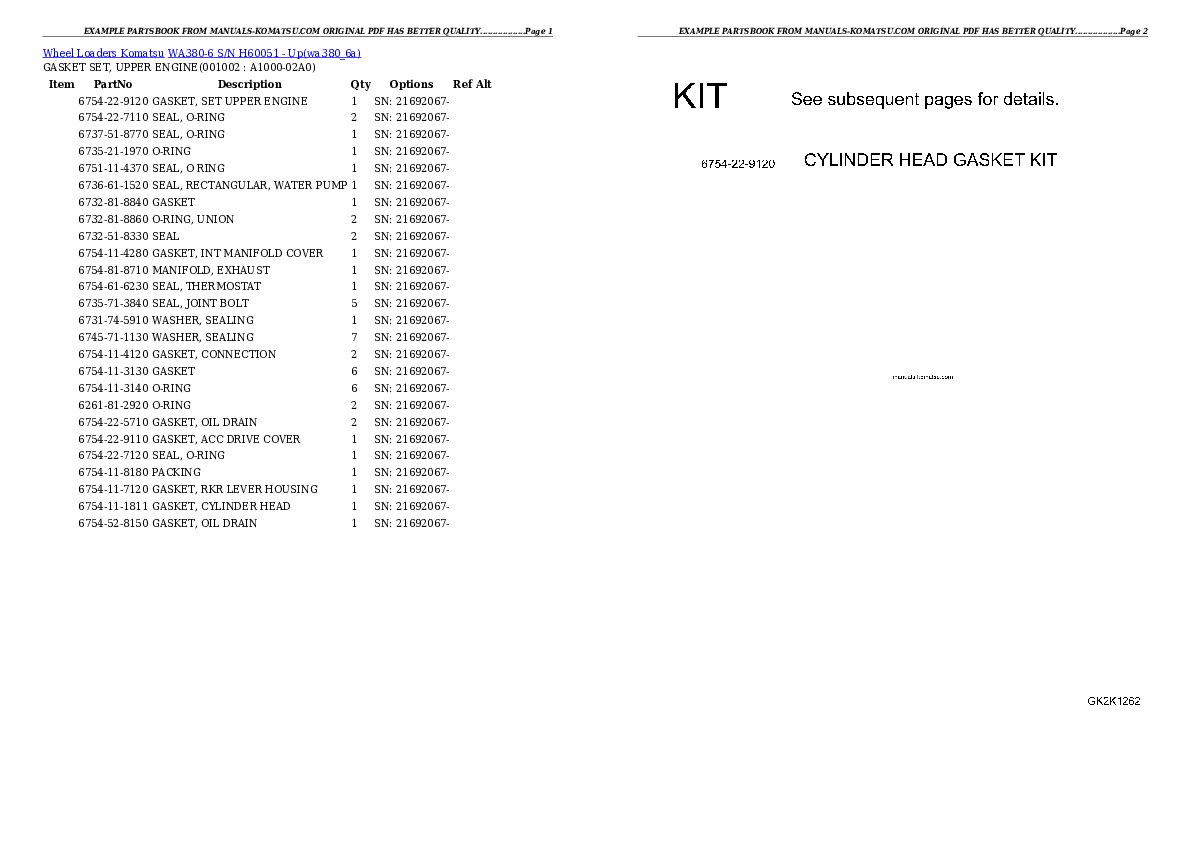 WA380-6 S/N H60051 - Up Partsbook