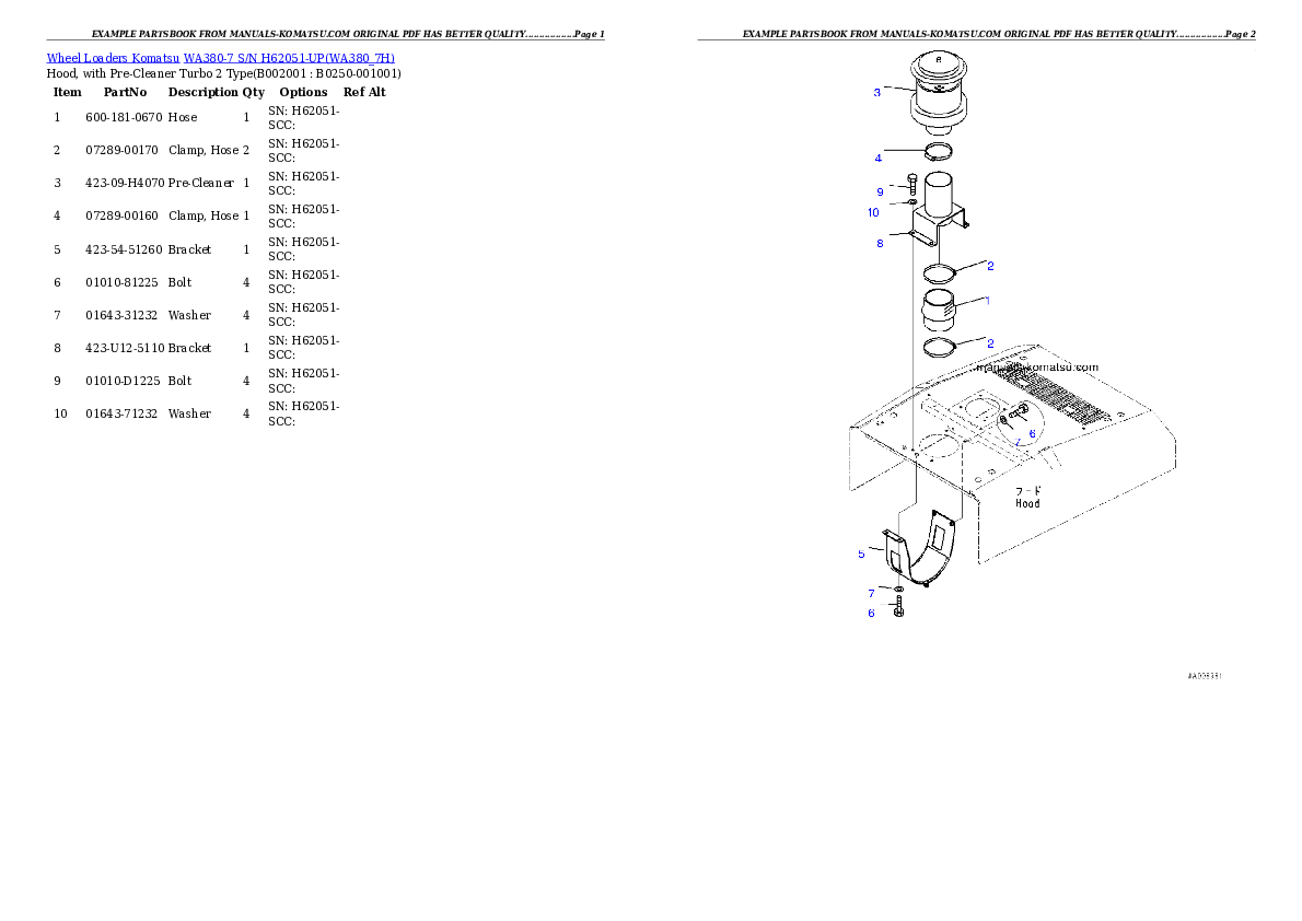 WA380-7 S/N H62051-UP Partsbook