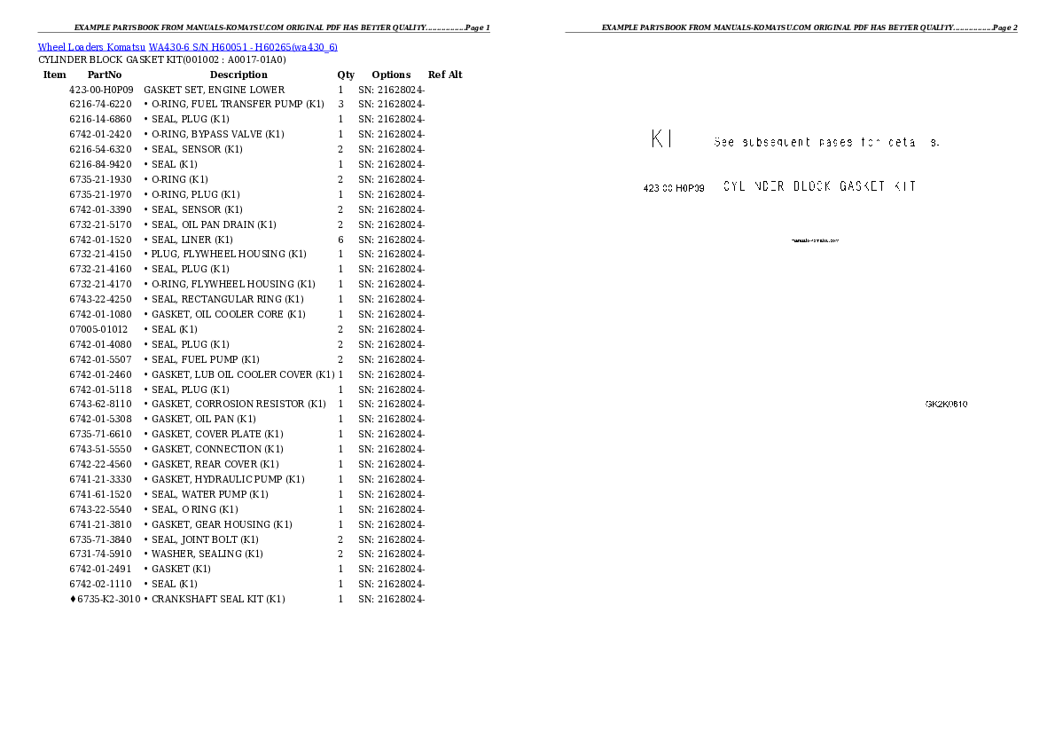 WA430-6 S/N H60051 - H60265 Partsbook